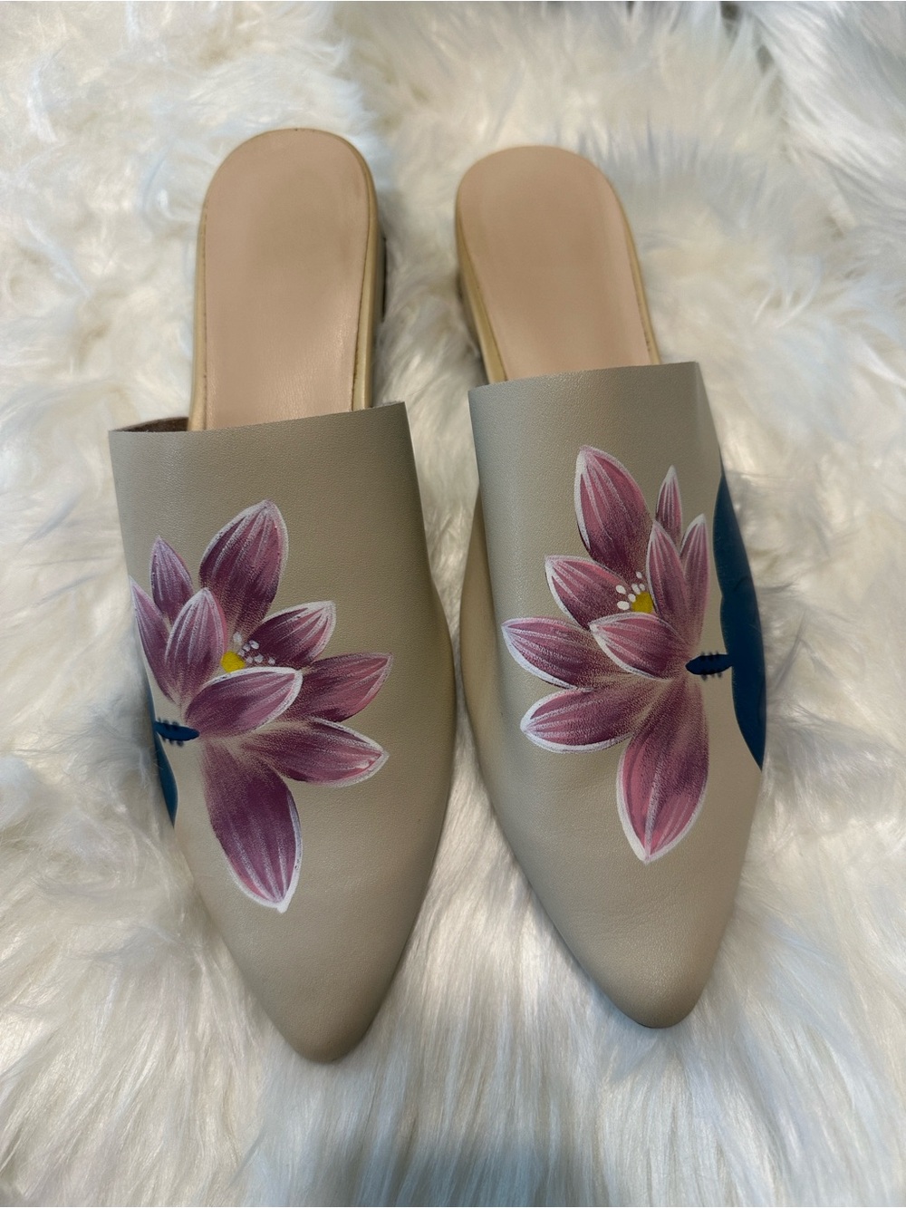 Taupe Floral Hand-Painted Slide Mules - Pink Lotus Accent
